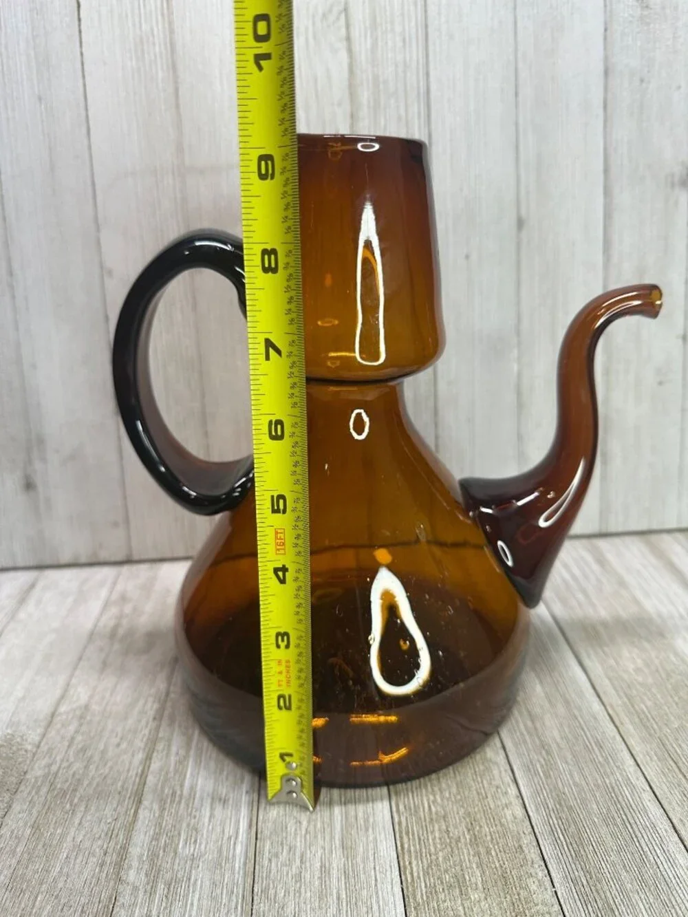 Vtg Amber Blown Glass Tea Pot with Handle 9
